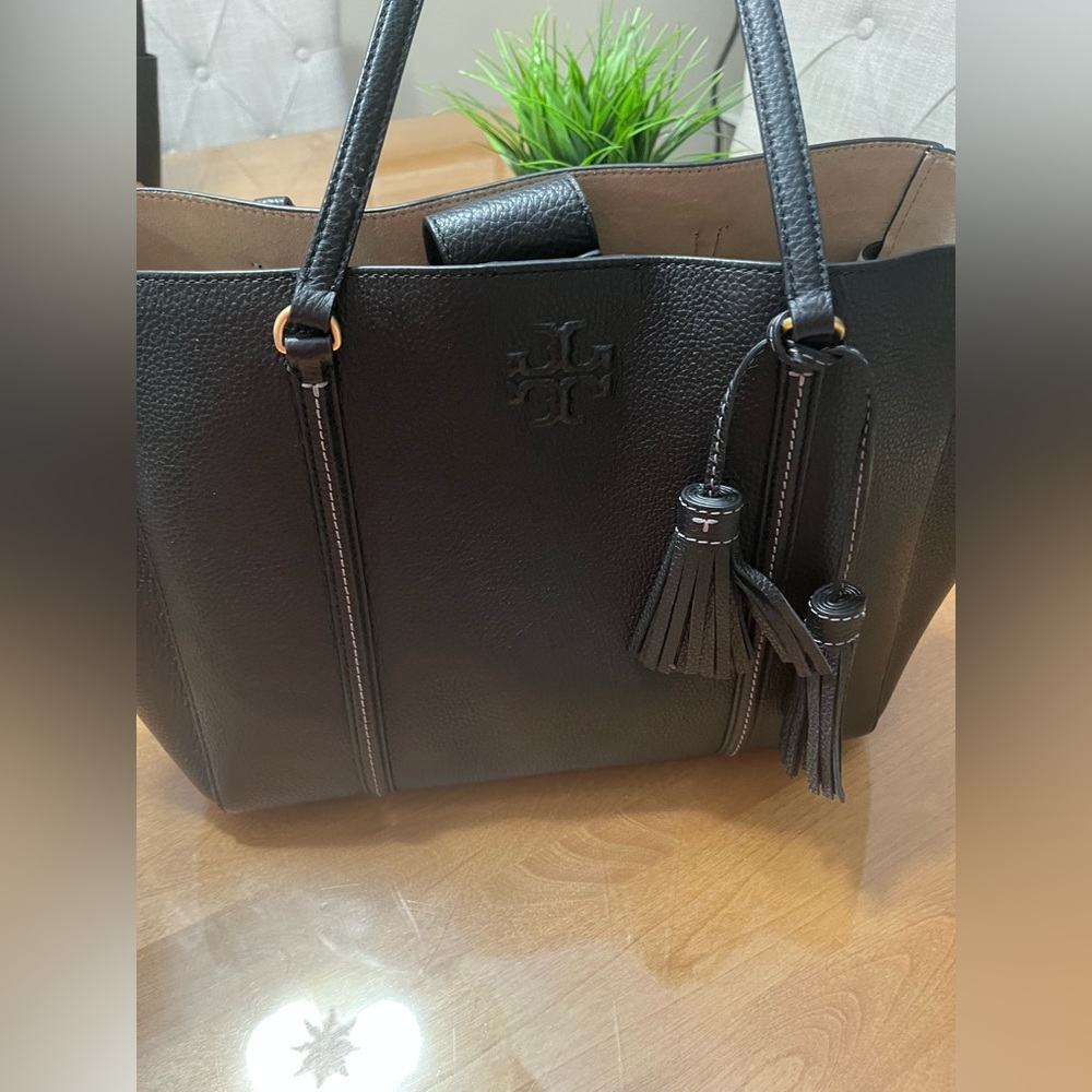Tory Burch Thea Black pebbled leather Structured Tote with Tassel Charm
